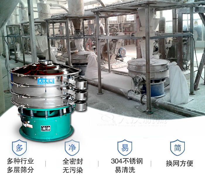 多種行業多層篩分采用全密封結構，無污染。304不銹鋼材質易清洗。同時換網方便。