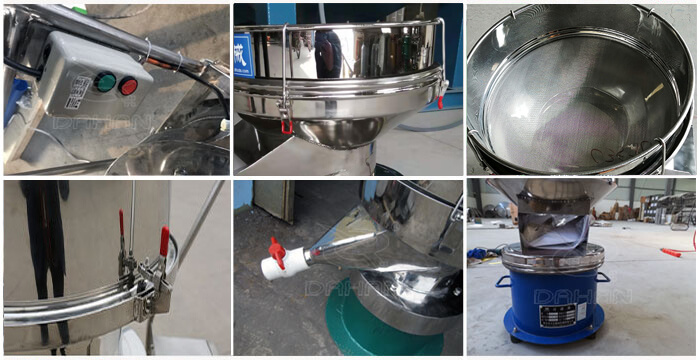 過濾篩細節展示：控制開關，篩框，出料口閥門，底座等